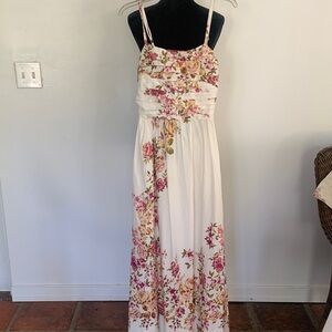 1. State White Floral Spaghetti-Strap Maxi Dress with Pink and Yellow Blooms